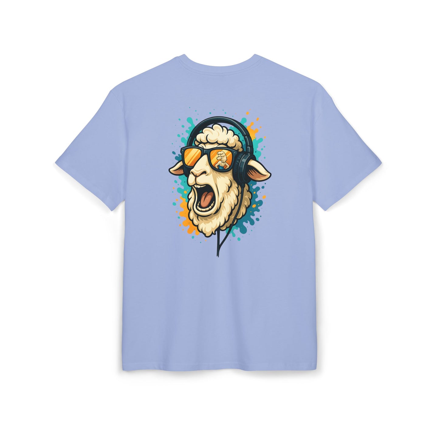 Lustiges Schaf T-Shirt (Rückenprint) – Cooles Cartoon-Motiv mit Kopfhörer & Sonnenbrille – Unisex Shirt für Musikfans & Tierliebhaber