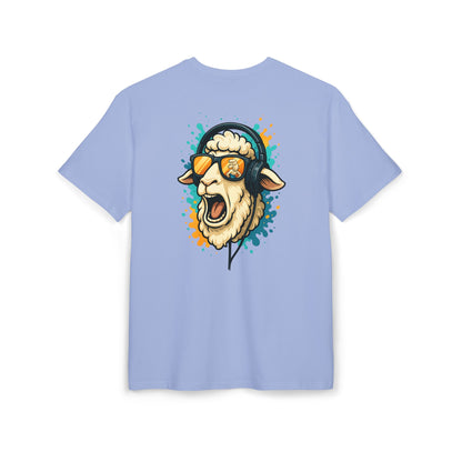 Lustiges Schaf T-Shirt (Rückenprint) – Cooles Cartoon-Motiv mit Kopfhörer & Sonnenbrille – Unisex Shirt für Musikfans & Tierliebhaber
