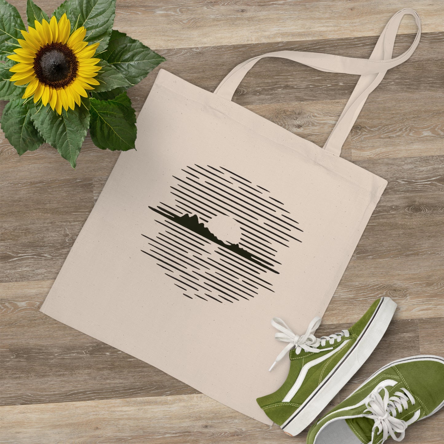 Jutebeutel mit Bergmotiv – Nachhaltige Baumwolltasche mit Sonnenuntergangs-Design, langlebig & umweltfreundlich für Alltag und Freizeit