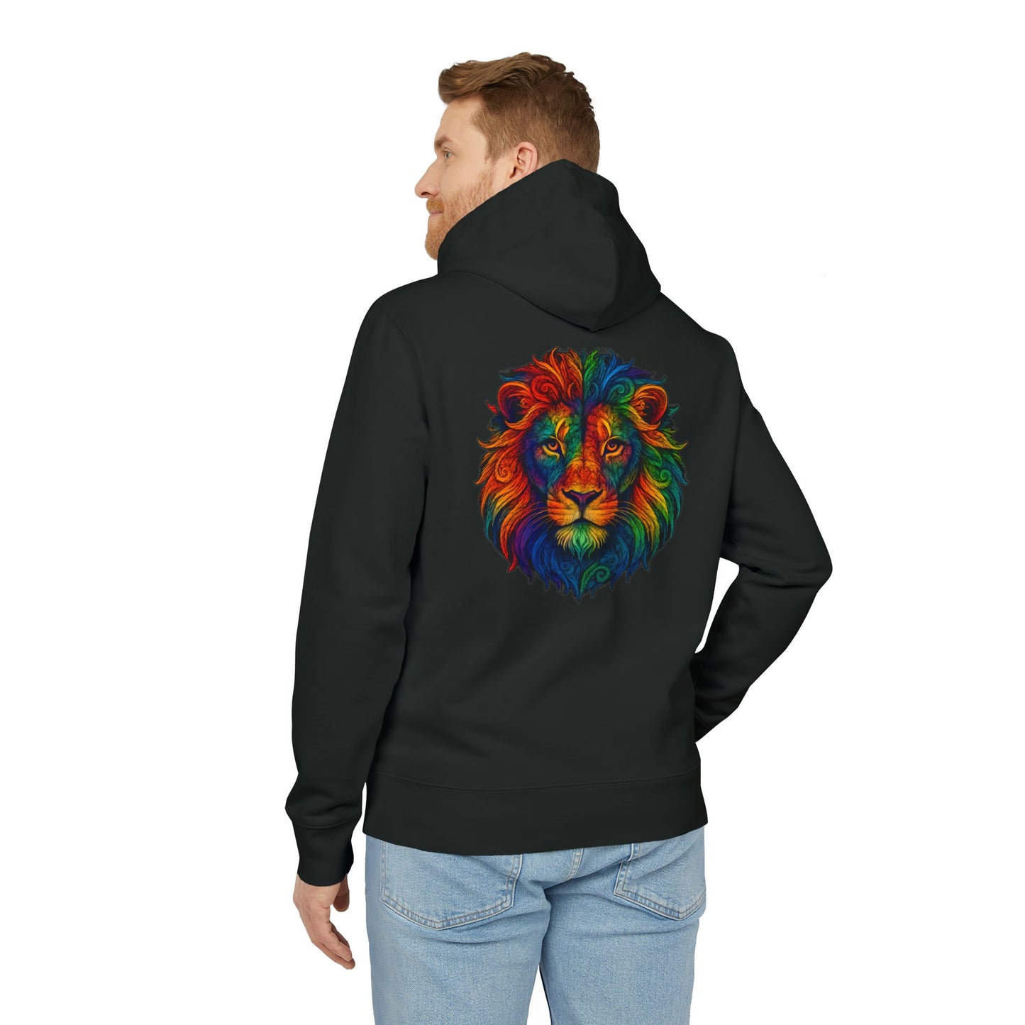 Bunter Löwen Hoodie (Rückenprint) – Psychedelischer Kapuzenpullover mit Tiermotiv – Unisex Streetwear im Boho & Festival Stil