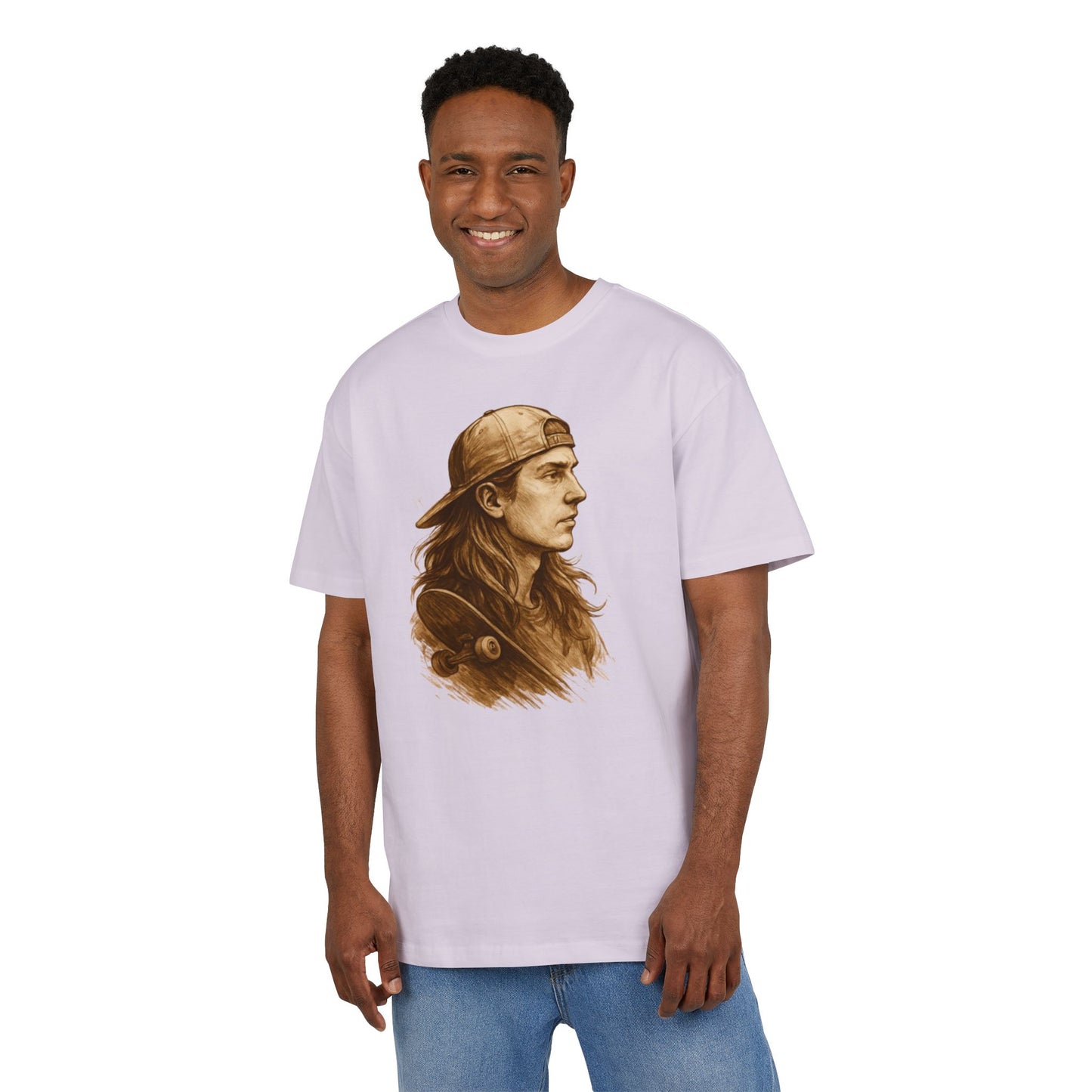 Skater Style T-Shirt (Brustprint) – Retro Kunst-Design mit Langhaar-Skater und Cap – Vintage Skateboard Look