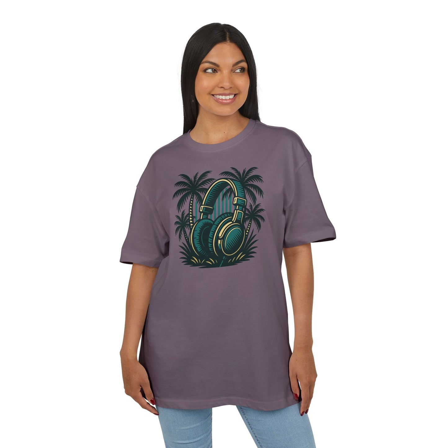 Retro T-Shirt mit Kopfhörer & Palmen (Brustprint)– Musik & Beach Vibes im Vintage Look