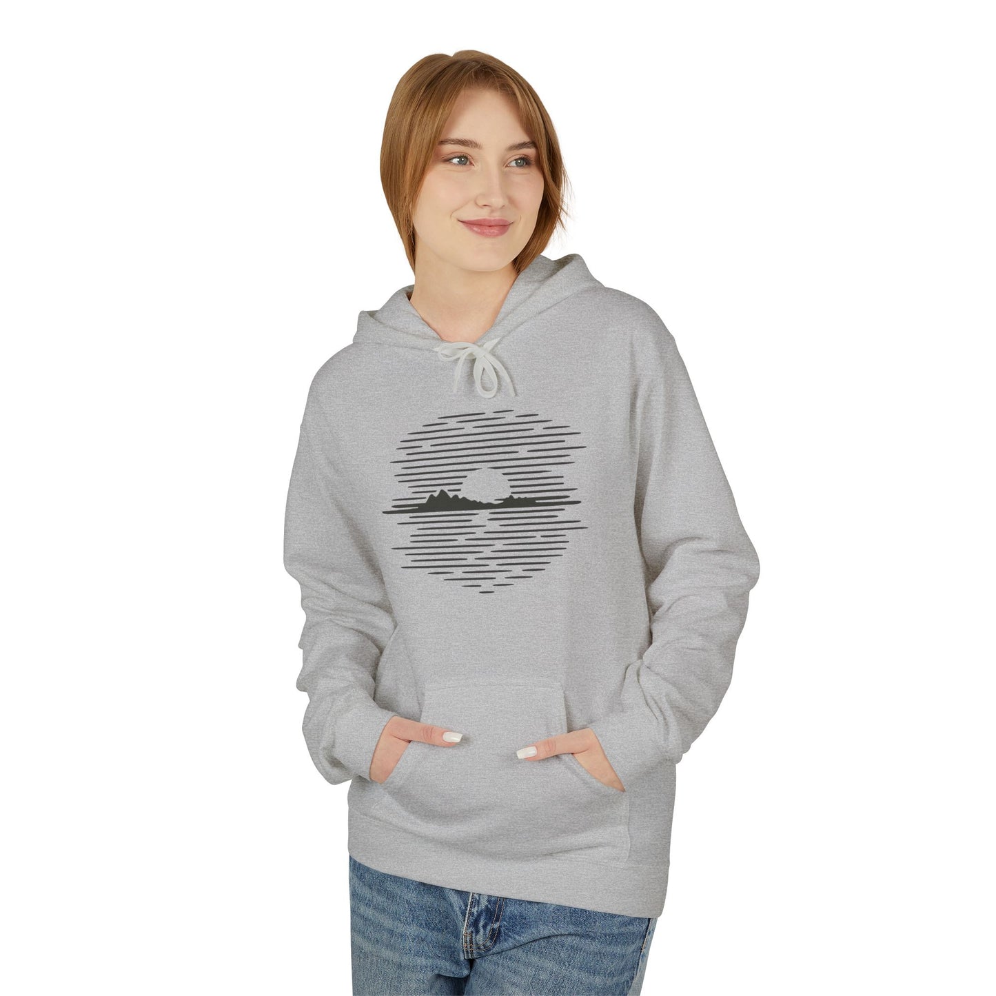 Unisex Hoodie mit Berg-Sonnenuntergang Design (Brustprint) – Minimalistischer Natur Pullover aus Baumwolle