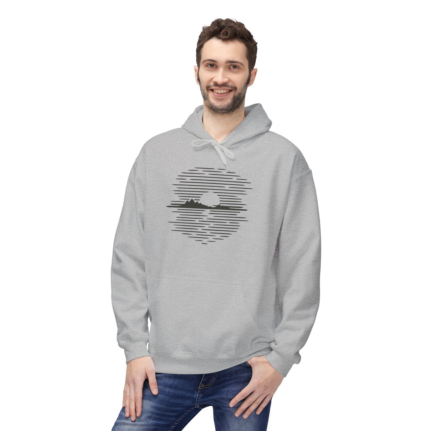 Unisex Hoodie mit Berg-Sonnenuntergang Design (Brustprint) – Minimalistischer Natur Pullover aus Baumwolle