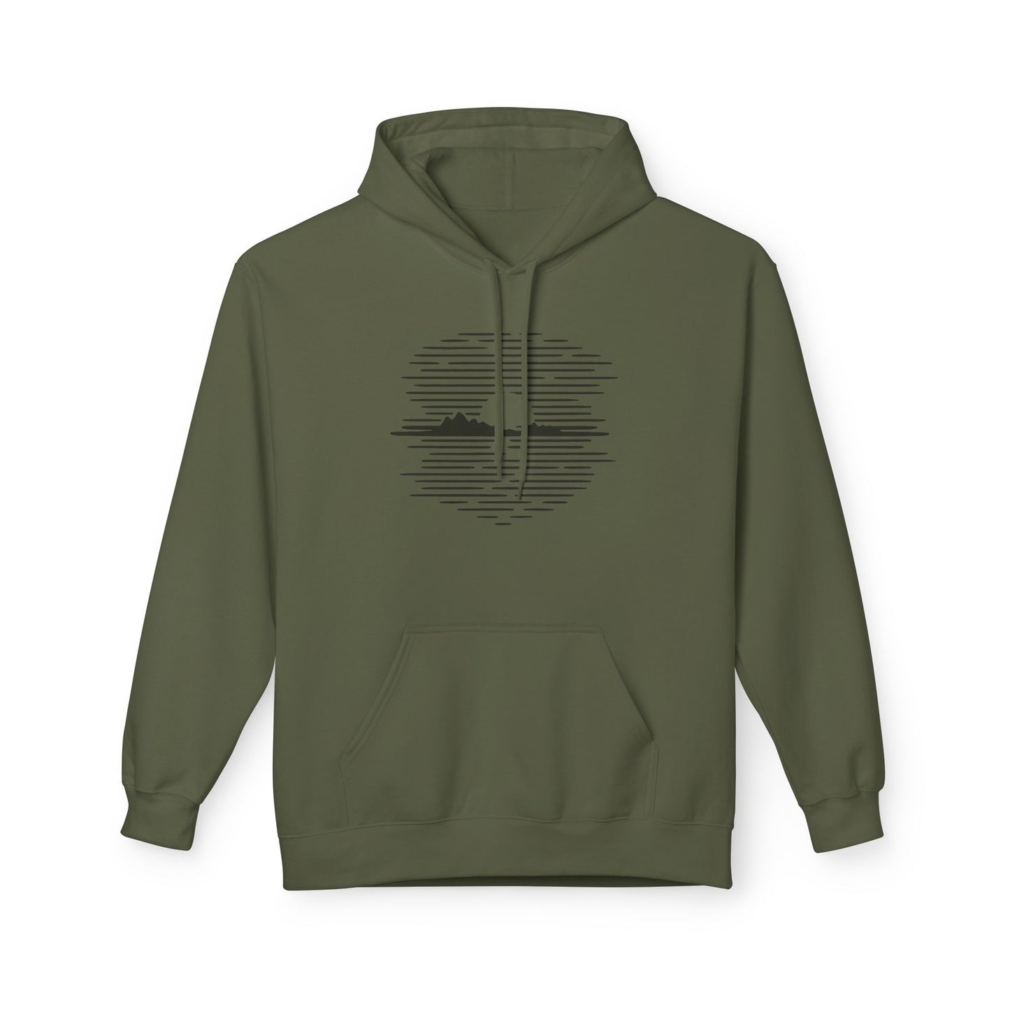 Unisex Hoodie mit Berg-Sonnenuntergang Design (Brustprint) – Minimalistischer Natur Pullover aus Baumwolle