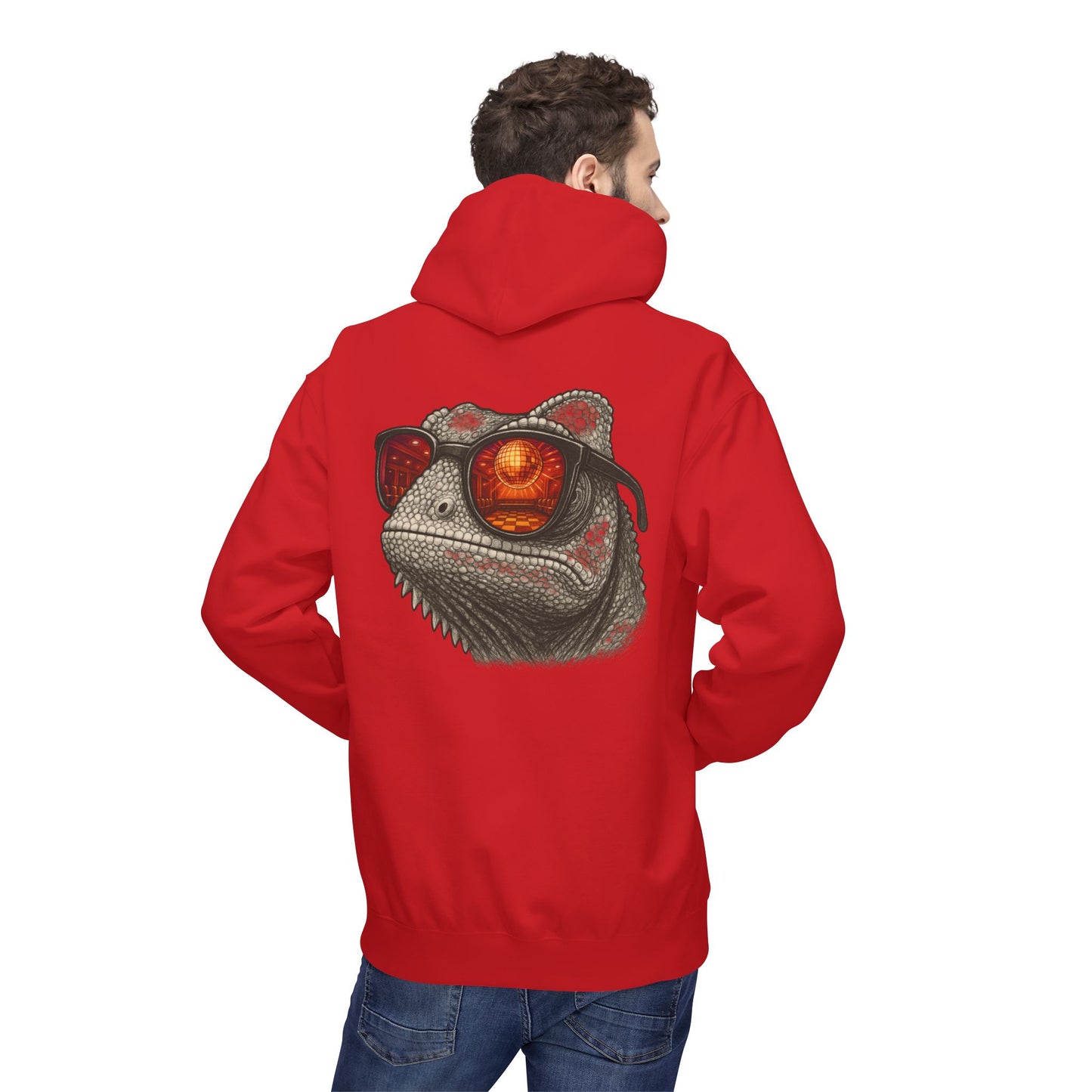 Chamäleon Hoodie Unisex (Rückenprint) – Retro Tiermotiv mit Sonnenbrille & Disco-Design – Lustiger Kapuzenpullover für Festival, Streetwear & Geschenkideen