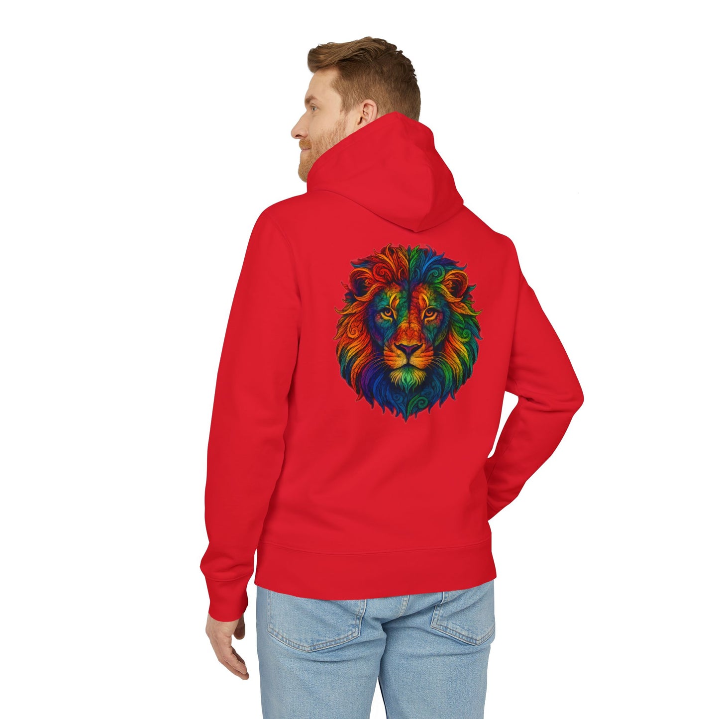 Bunter Löwen Hoodie (Rückenprint) – Psychedelischer Kapuzenpullover mit Tiermotiv – Unisex Streetwear im Boho & Festival Stil