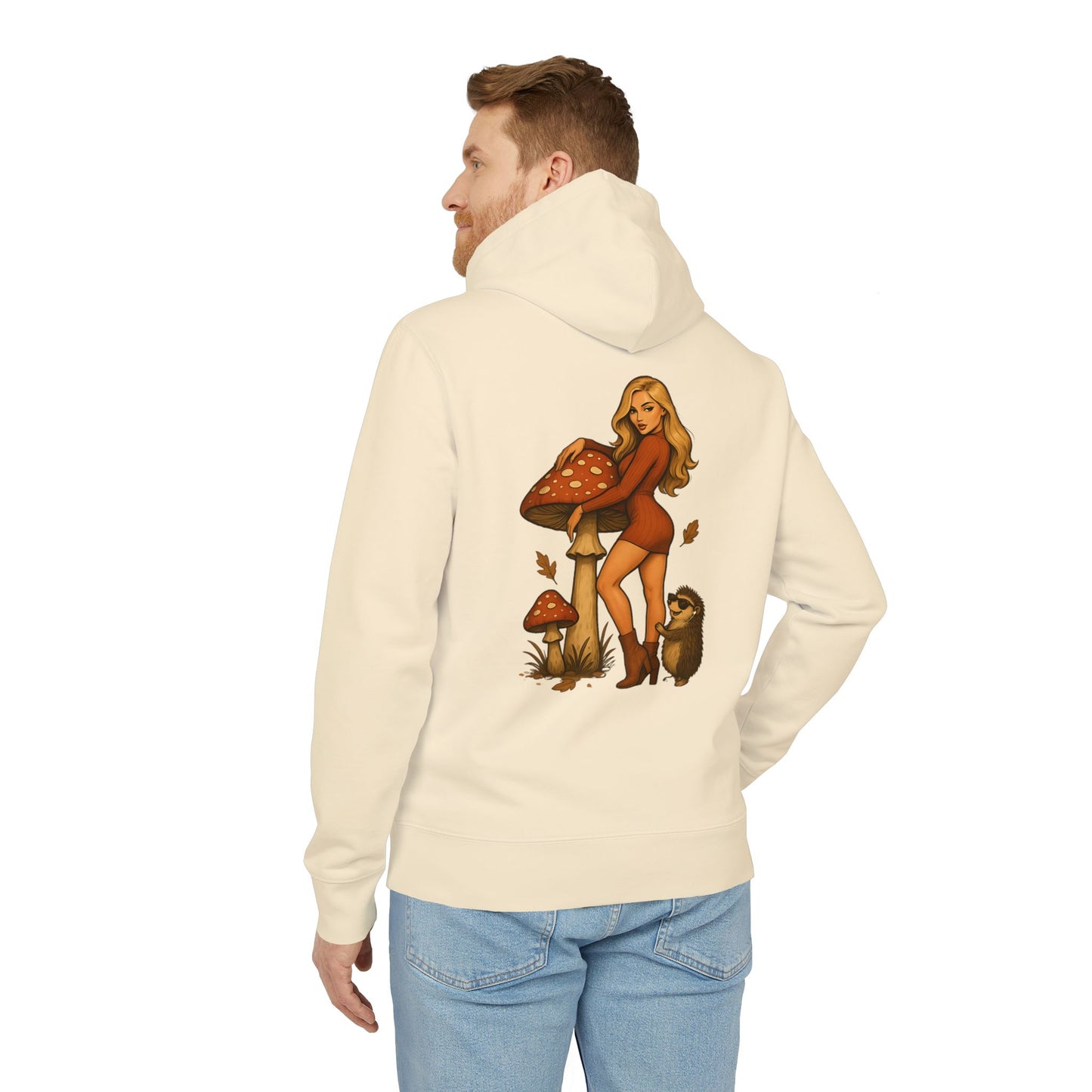 Vintage Pilz Fee & Igel Hoodie (Rückenprint) – Retro Waldmotiv Kapuzenpullover für Natur- & Pilzliebhaber