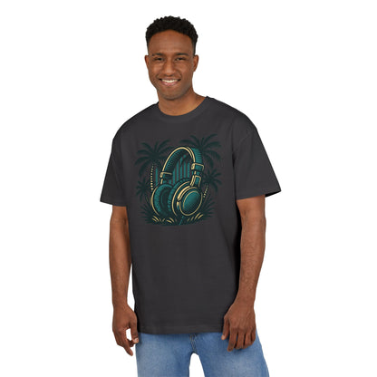 Retro T-Shirt mit Kopfhörer & Palmen (Brustprint)– Musik & Beach Vibes im Vintage Look