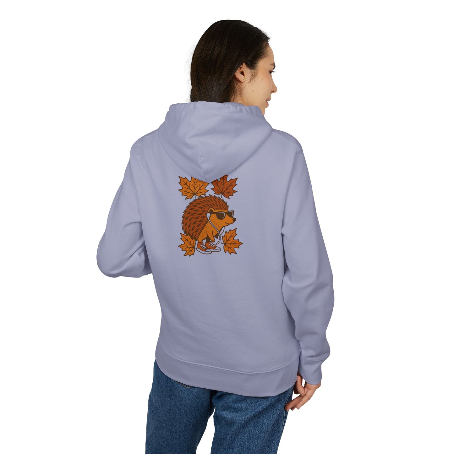Herbst Igel Hoodie (Rückenprint) – Lustiger Kapuzenpullover mit Cartoon-Design, Sonnenbrille & Ahornblättern