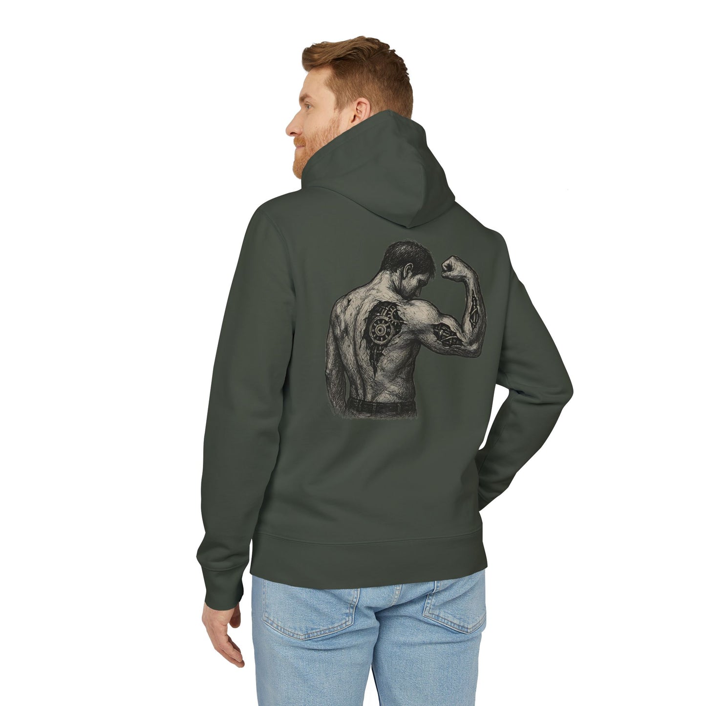 Biomechanik Hoodie Unisex (Rückenprint) – Muskel-Cyborg Design mit Zahnrädern & Maschinenstruktur | Futuristischer Techwear Kapuzenpullover für Sci-Fi & Fitness Fans