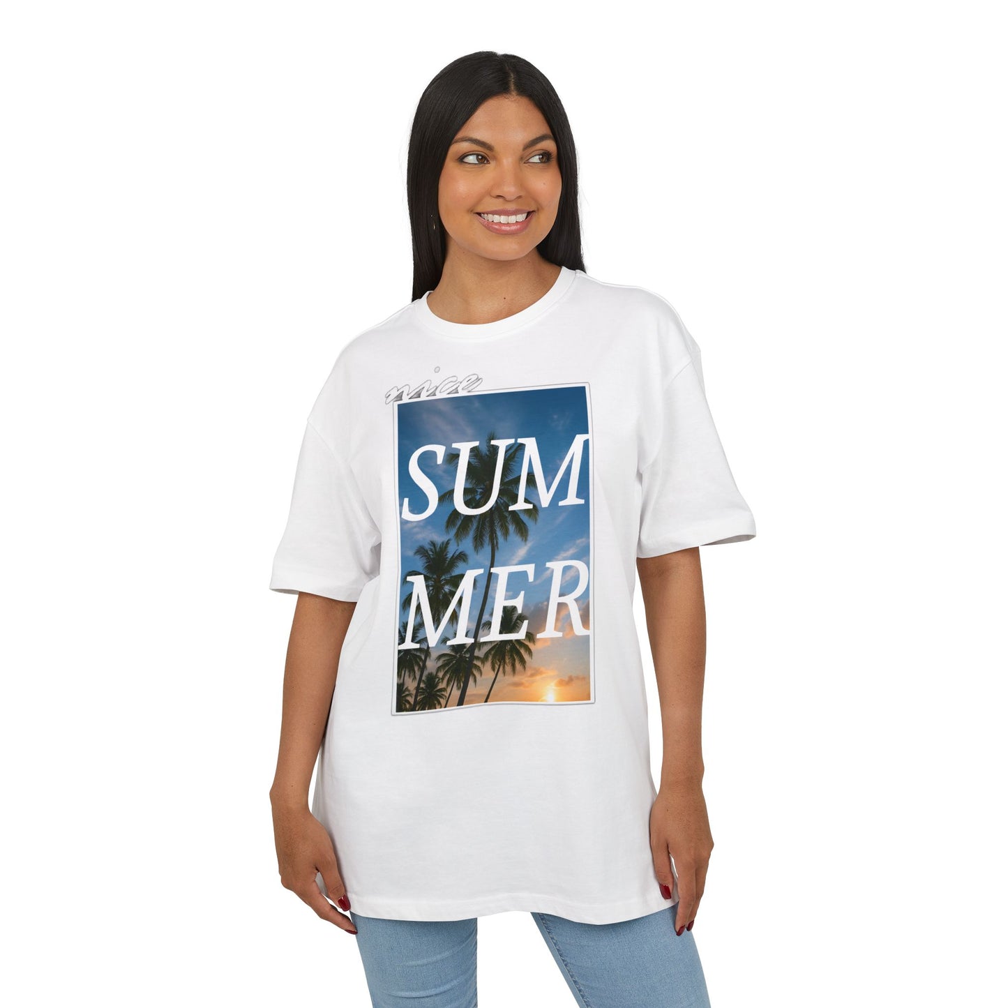 Nice Summer T-Shirt (Brustprint)– Palmendesign, Sonnenuntergang & Urlaubs-Vibes | Unisex Oversize Shirt für den Sommerlook
