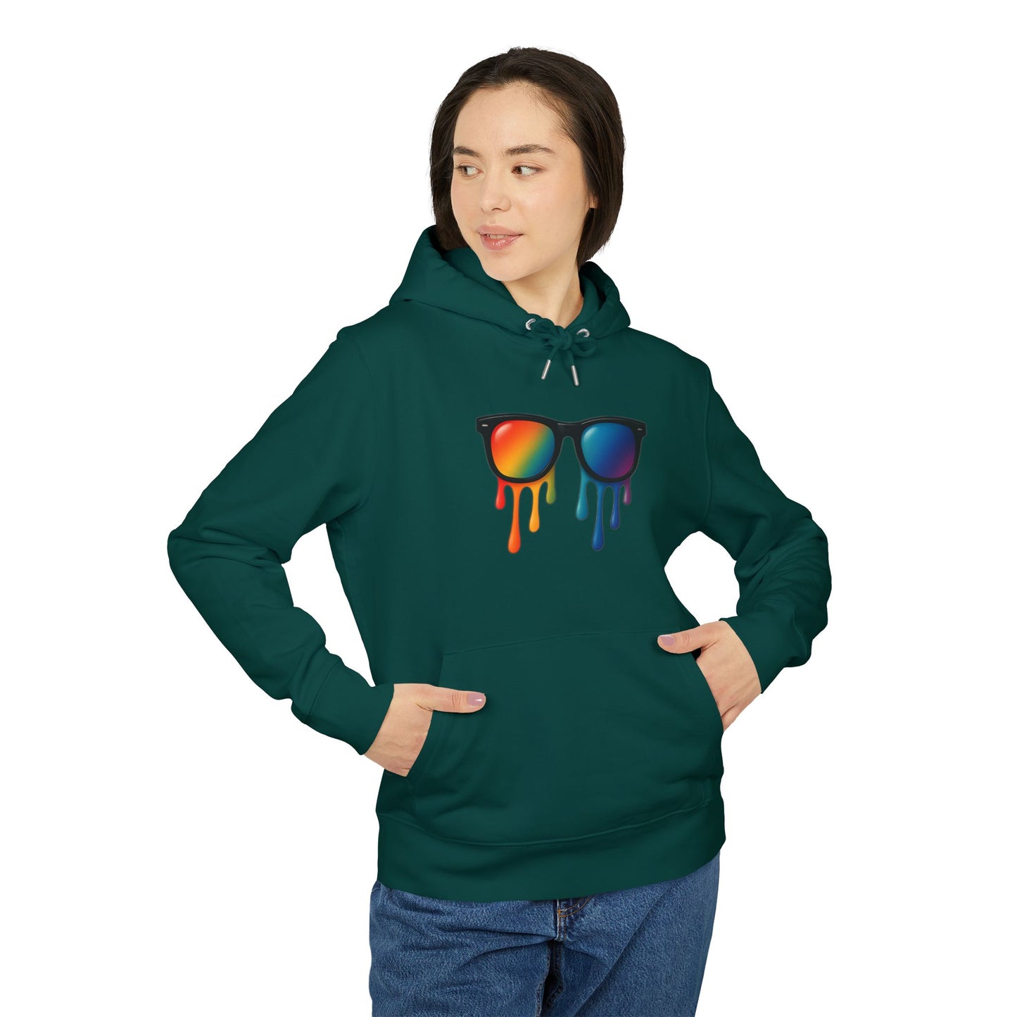 Melting Shades Hoodie (Brustprint) – Stylischer Unisex Hoodie mit bunter Sonnenbrille & Tropf-Effekt | Retro Streetwear für Sommer & Festival