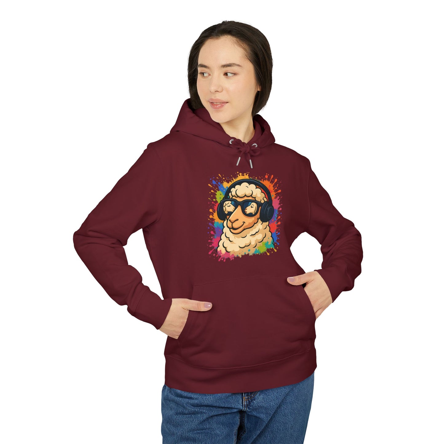 Schaf Hoodie (Brustprint) – Lustiger Unisex Kapuzenpullover mit Kopfhörer-Schaf & buntem Farbspritzer-Design