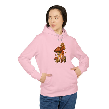 Vintage Pilz Fee & Igel Hoodie (Brustprint) – Retro Waldmotiv Kapuzenpullover für Natur- & Pilzliebhaber