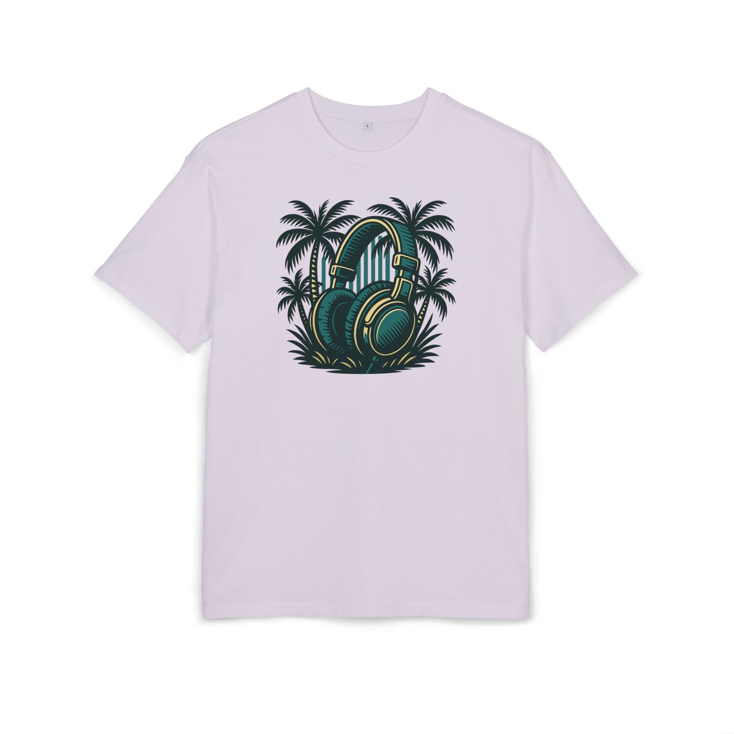 Retro T-Shirt mit Kopfhörer & Palmen (Brustprint)– Musik & Beach Vibes im Vintage Look