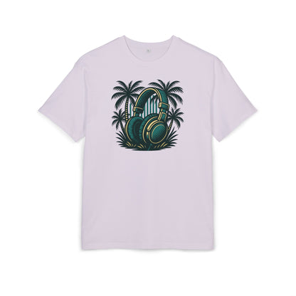 Retro T-Shirt mit Kopfhörer & Palmen (Brustprint)– Musik & Beach Vibes im Vintage Look