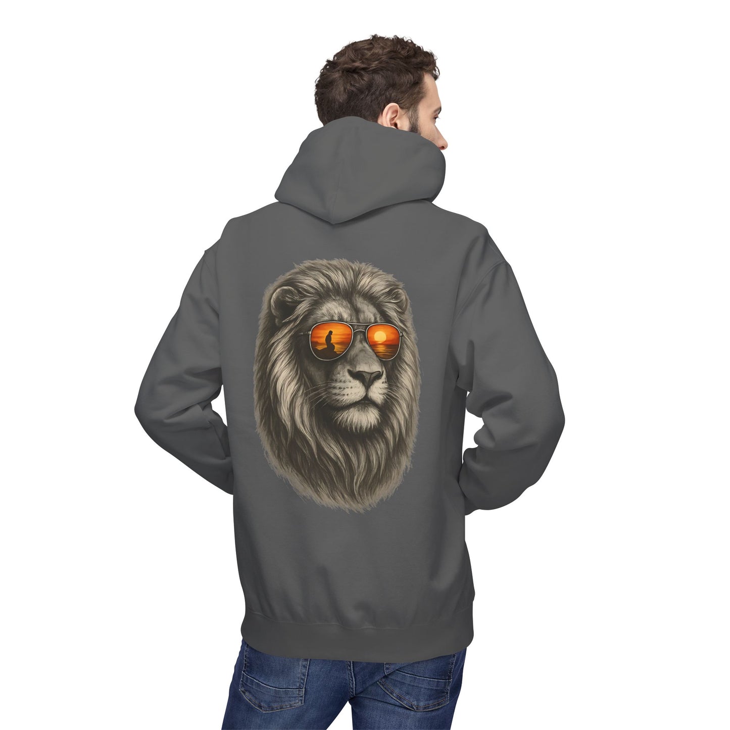 Löwen Hoodie Unisex (Rückenprint) – Stylischer Kapuzenpullover mit Sonnenbrillen-Löwe | Tiermotiv Streetwear für Damen & Herren