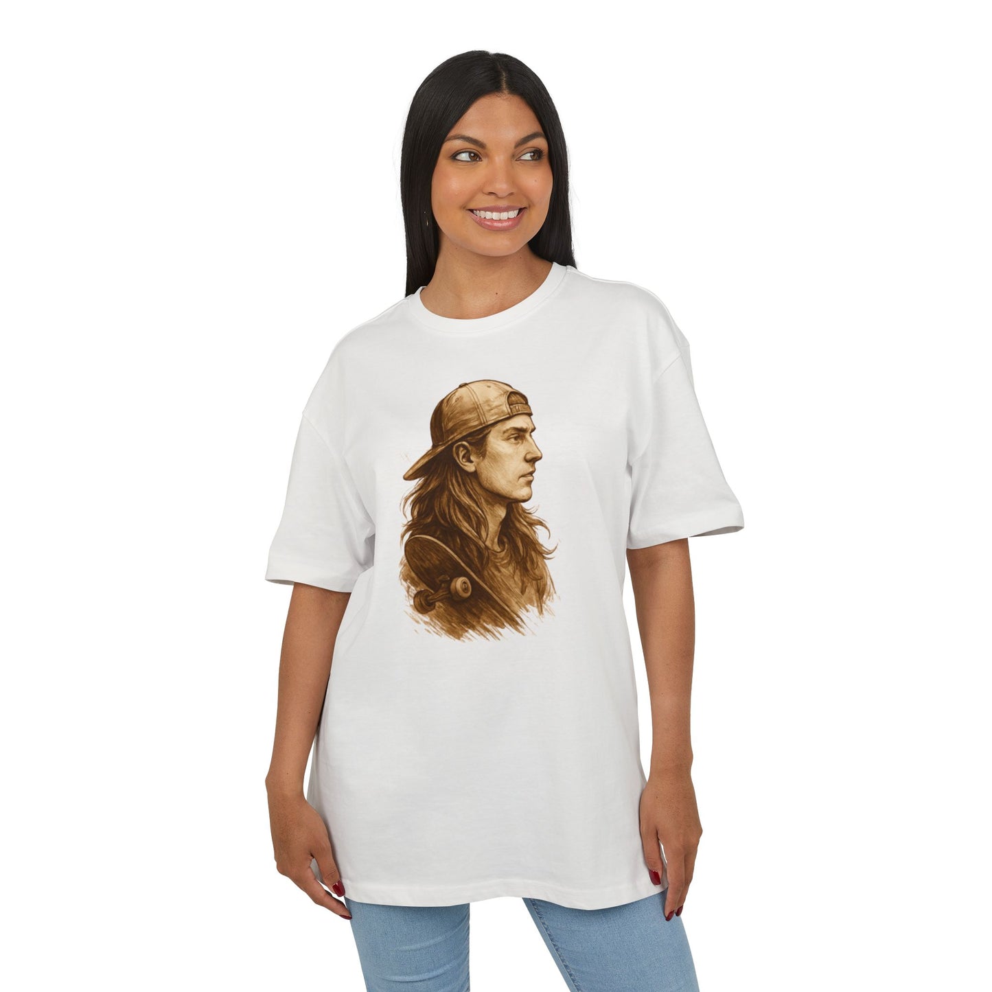 Skater Style T-Shirt (Brustprint) – Retro Kunst-Design mit Langhaar-Skater und Cap – Vintage Skateboard Look