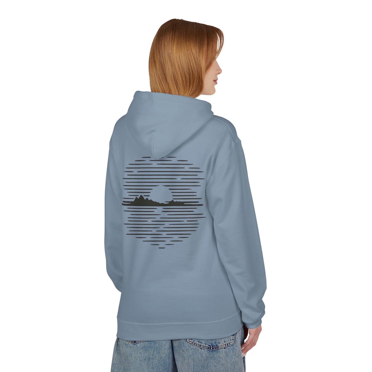 Unisex Hoodie mit Berg-Sonnenuntergang Design (Rückenprint) – Minimalistischer Natur Pullover aus Baumwolle
