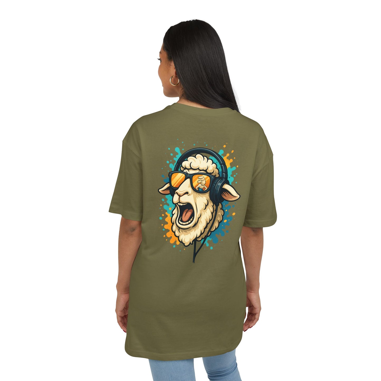 Lustiges Schaf T-Shirt (Rückenprint) – Cooles Cartoon-Motiv mit Kopfhörer & Sonnenbrille – Unisex Shirt für Musikfans & Tierliebhaber