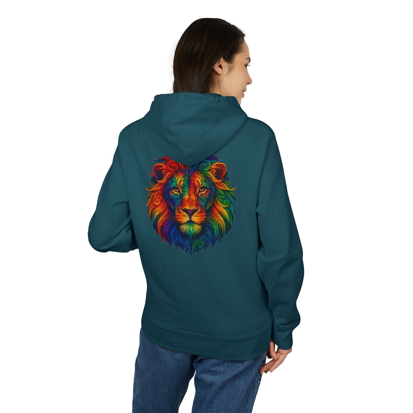 Bunter Löwen Hoodie (Rückenprint) – Psychedelischer Kapuzenpullover mit Tiermotiv – Unisex Streetwear im Boho & Festival Stil