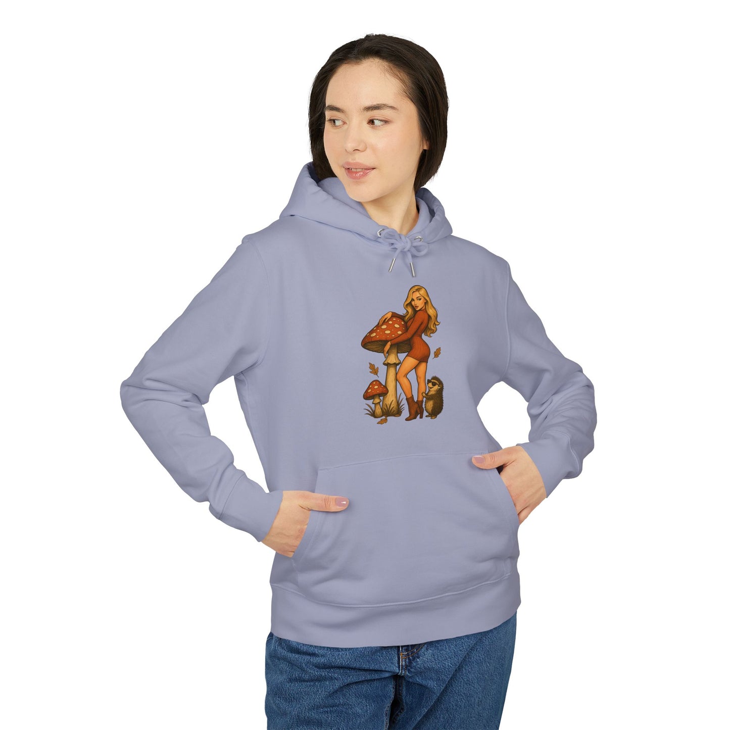 Vintage Pilz Fee & Igel Hoodie (Brustprint) – Retro Waldmotiv Kapuzenpullover für Natur- & Pilzliebhaber