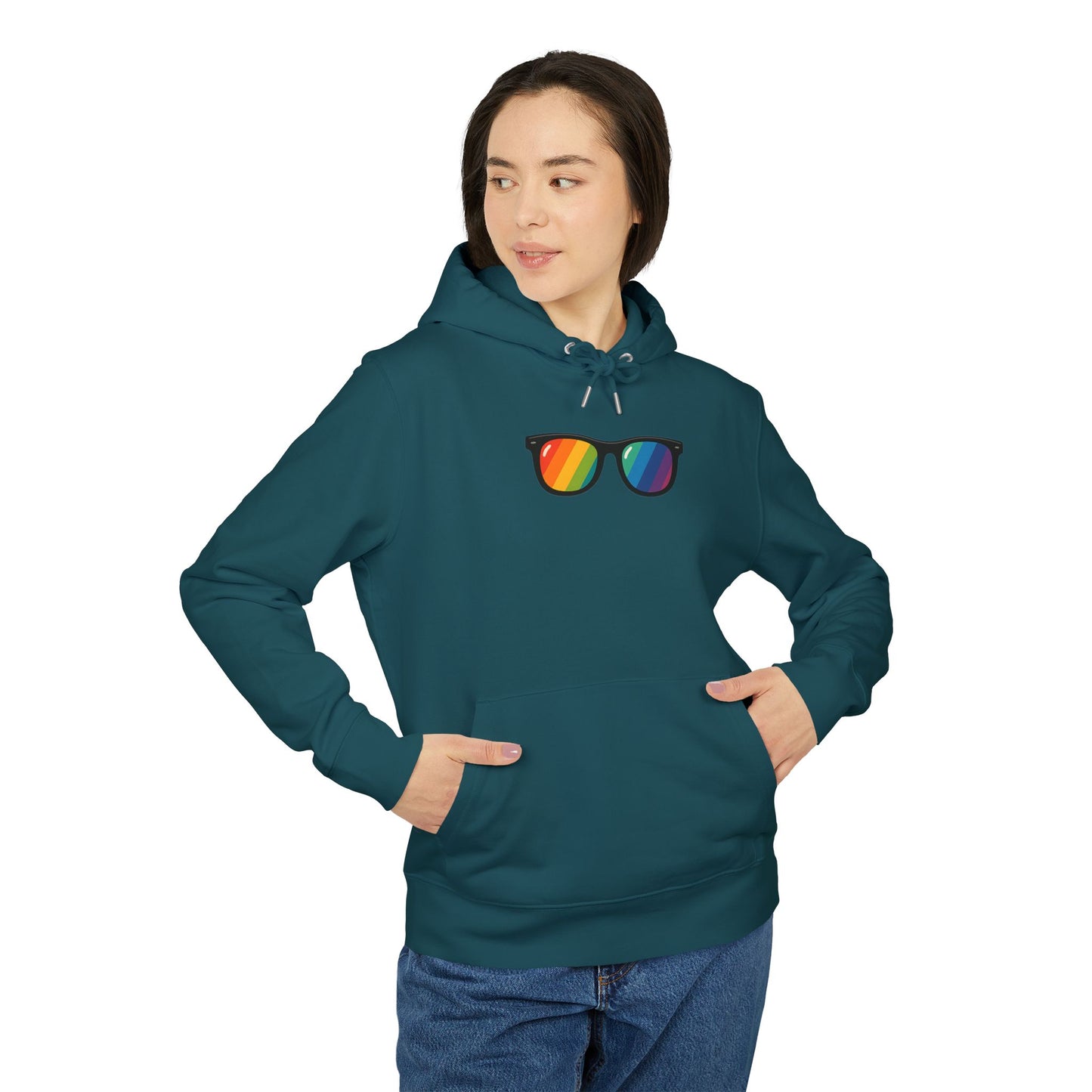 Regenbogen Sonnenbrille Hoodie (Brustprint) – Unisex Kapuzenpullover im bunten Pride Design für Festival & Streetwear