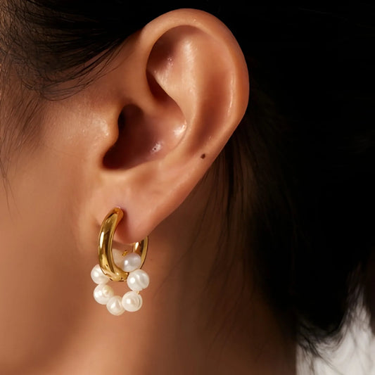 PEARL DONUT HOOP EARRING 18K GOLD PLATED
